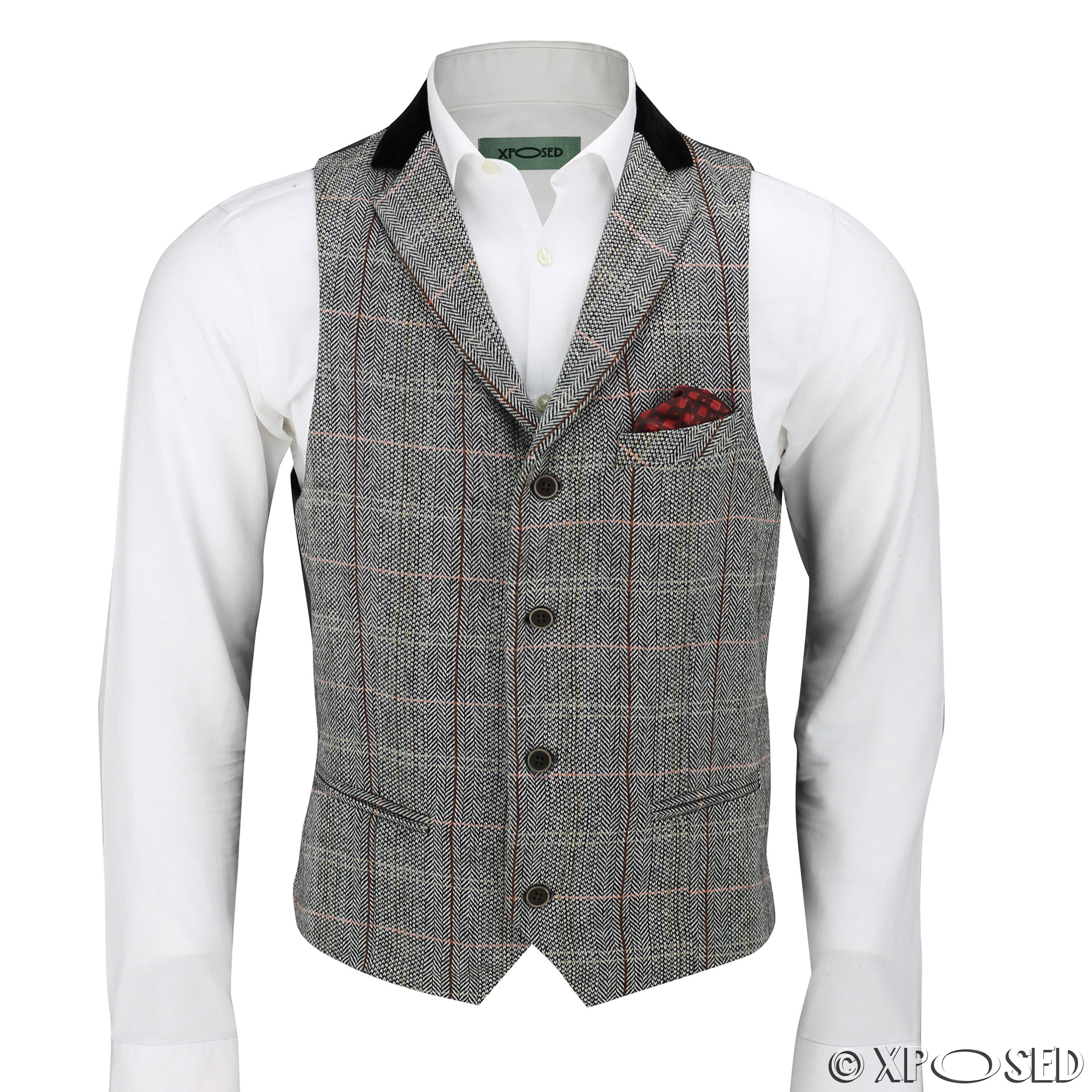 Mens Waistcoat Wool Mix Herringbone Tweed Check Velvet Collar Smart